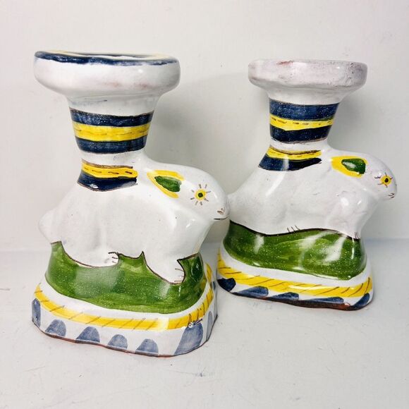 Portugal Pottery Hand‎ Painted Bunny Rabbit Candle Candlesticks Folk Art - Picture 1 of 13